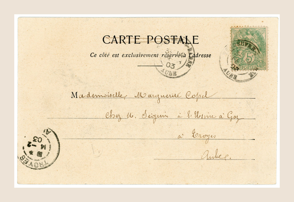 Reverse of Albert Bergeret Winter postcard with green 5 centimes French stamp, 1903 postmarks and handwritten address to Marguerite Copel in Troyes.