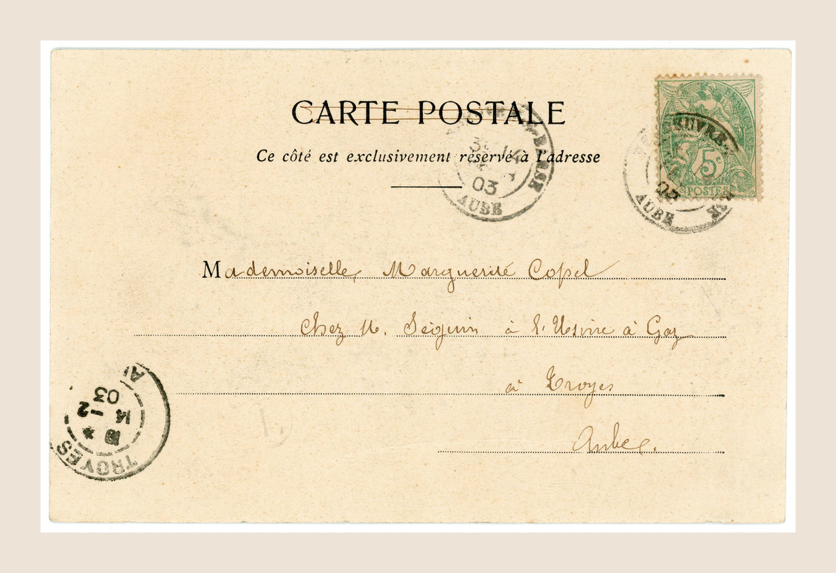 Reverse of Albert Bergeret Winter postcard with green 5 centimes French stamp, 1903 postmarks and handwritten address to Marguerite Copel in Troyes.