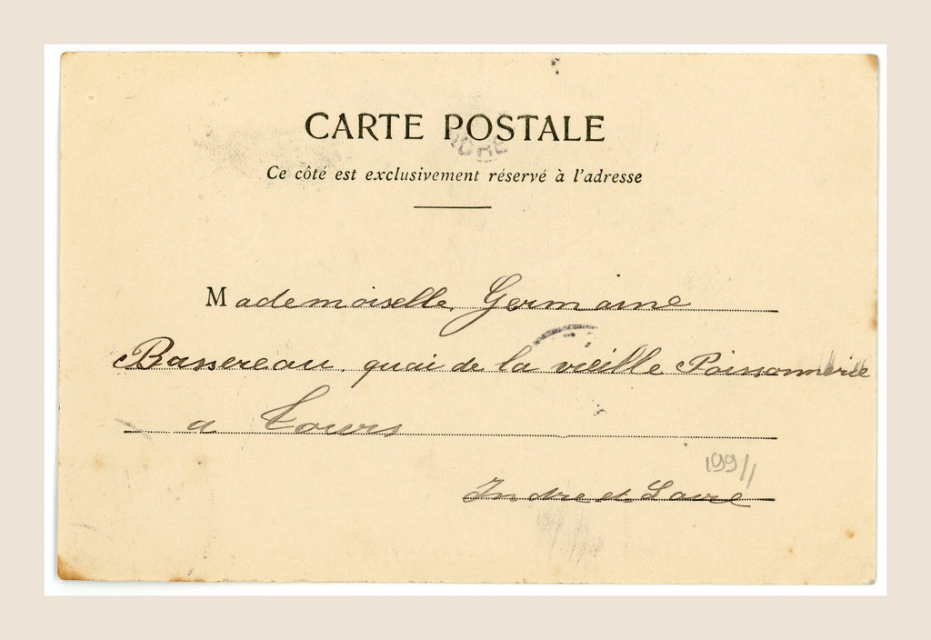 Reverse of antique French Bergeret Touch postcard with handwritten address to Germaines, Haute-Marne, and early 1900s postal markings.