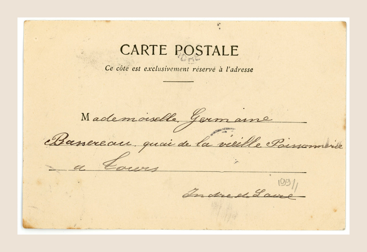 Reverse of antique French Bergeret Touch postcard with handwritten address to Germaines, Haute-Marne, and early 1900s postal markings.