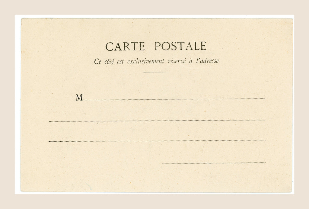 Unused reverse of antique Le Petit Trottin postcard number 4 by A. Bergeret and Cie, Nancy, showing an undivided address side and aged paper.