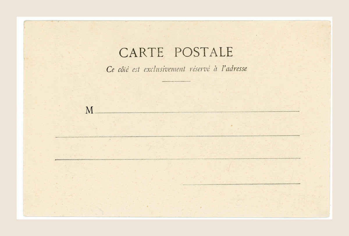 Unused reverse of antique Le Petit Trottin postcard number 4 by A. Bergeret and Cie, Nancy, showing an undivided address side and aged paper.