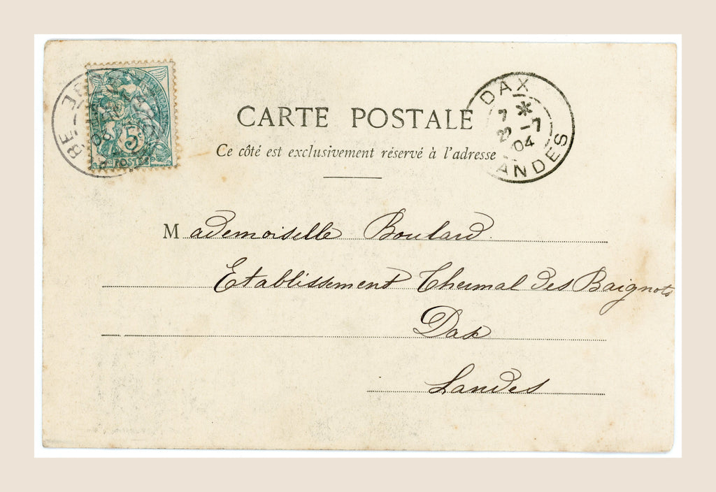Reverse of Bergeret Le Bonnet de Grand'Mère postcard number 4, with handwritten address, green French postage stamp and Dax Landes 1904 postmark.