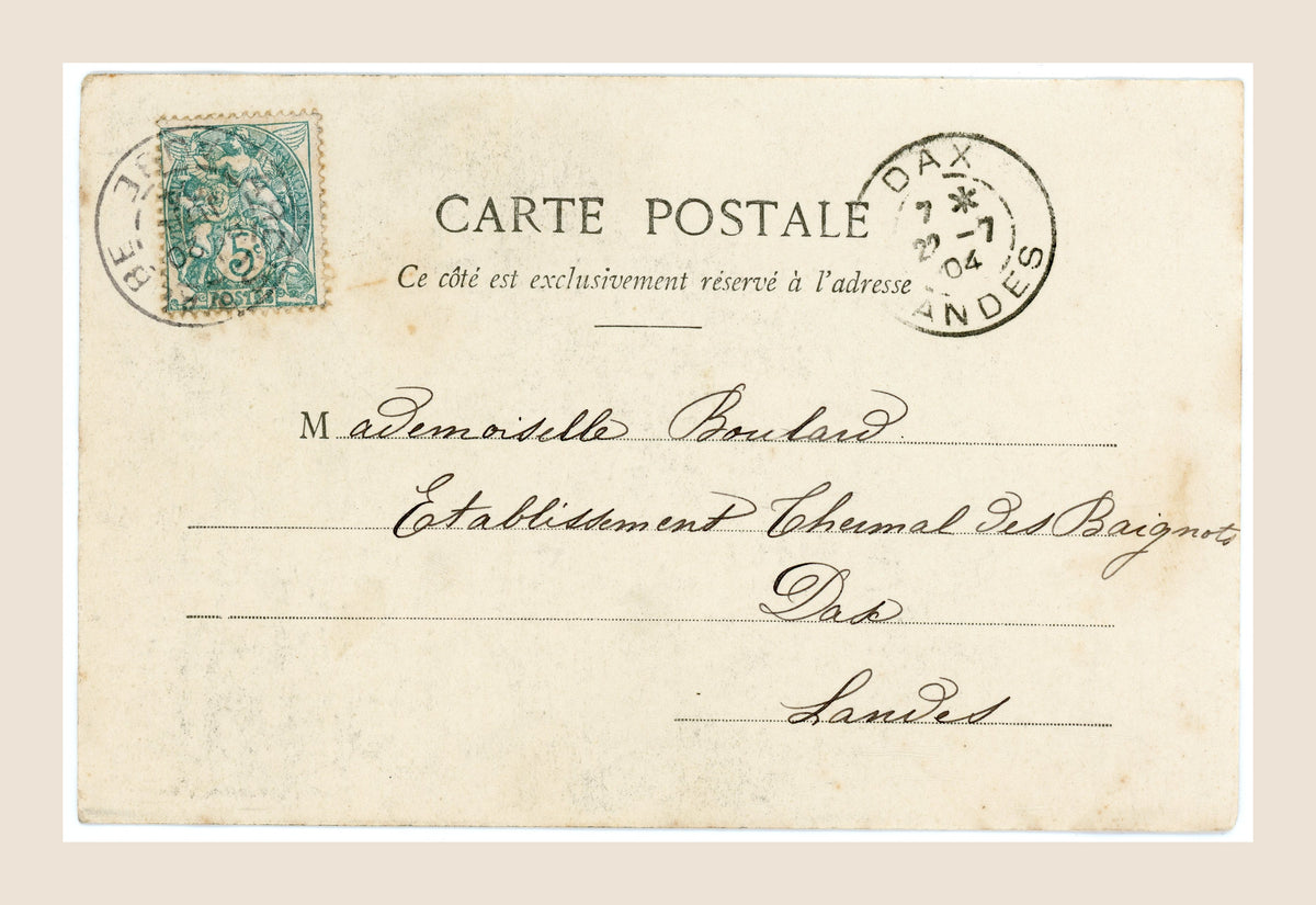 Reverse of Bergeret Le Bonnet de Grand'Mère postcard number 4, with handwritten address, green French postage stamp and Dax Landes 1904 postmark.