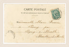 Reverse of Bergeret Fervente Prière antique postcard with original French 5 centimes stamp, handwritten address to Prény and natural aged paper.