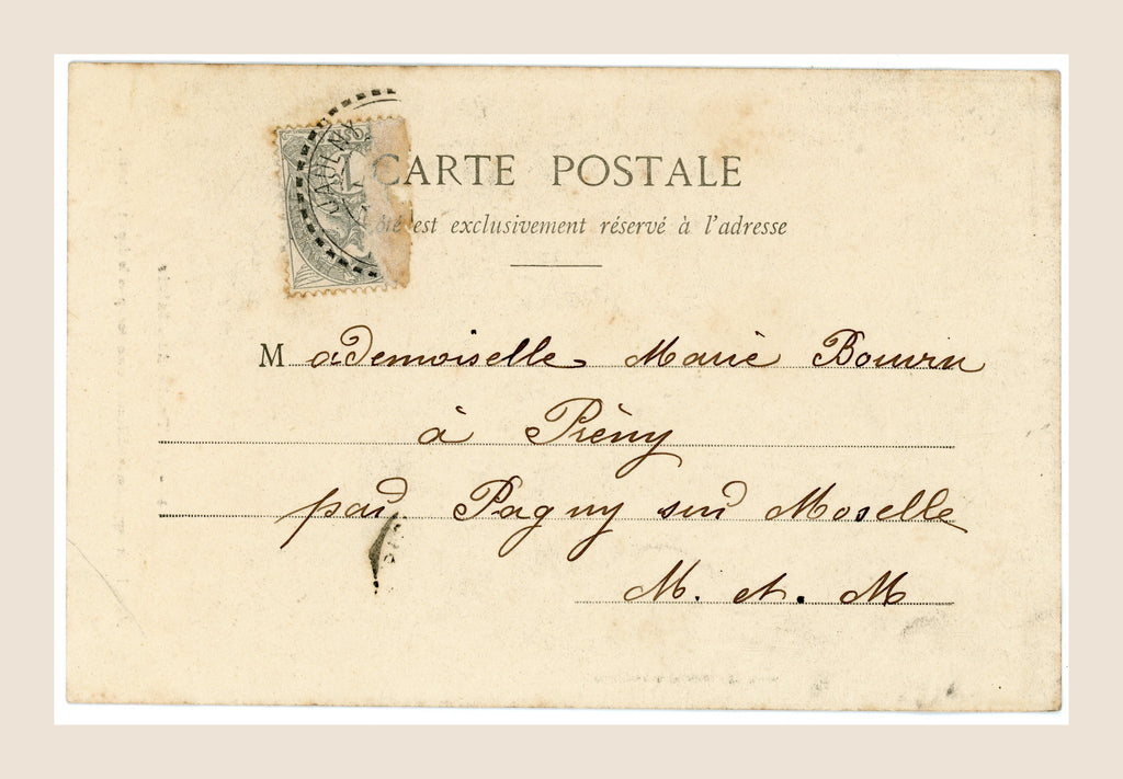 Reverse of antique Belle Époque railway postcard No. 4 with original French postage stamp, handwritten address and cancellation.