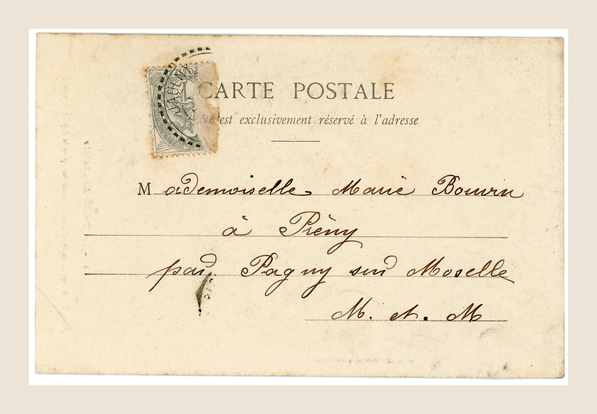 Reverse of antique Belle Époque railway postcard No. 4 with original French postage stamp, handwritten address and cancellation.