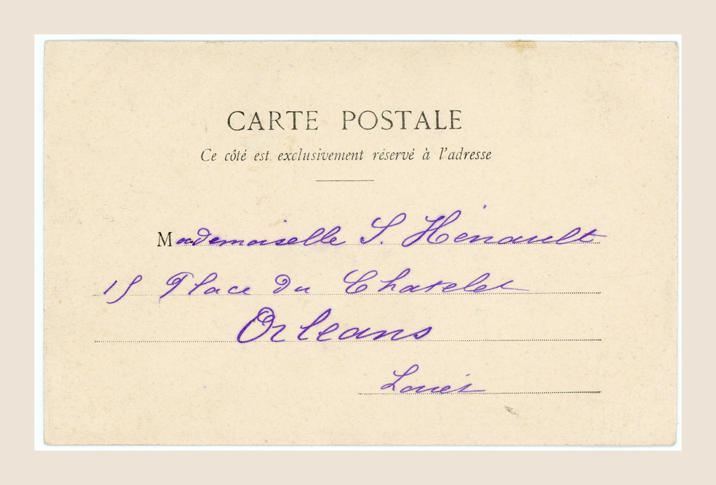 Reverse of antique letter O for Oiseau postcard, with period handwritten address to Suzanne Hénault in Orléans, France.