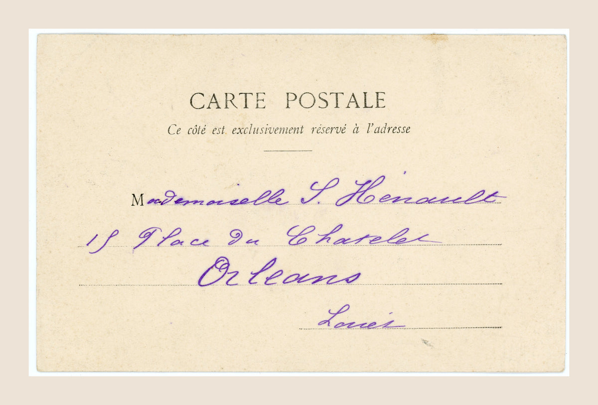 Reverse of antique letter O for Oiseau postcard, with period handwritten address to Suzanne Hénault in Orléans, France.