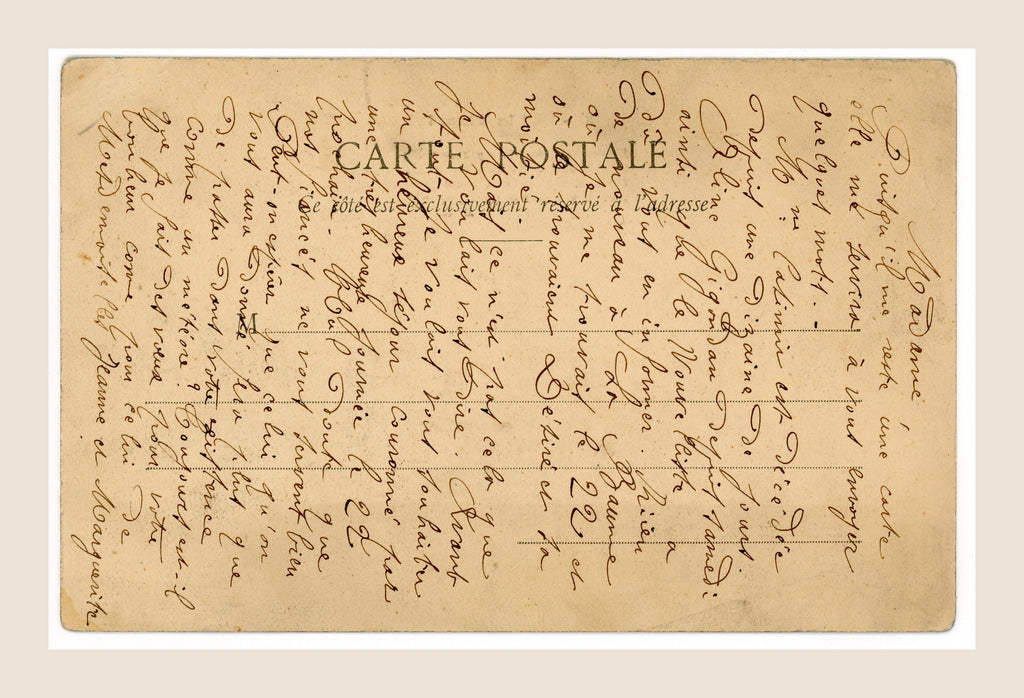 Reverse of antique Bergeret Tiara of Saitaphernes postcard with extensive handwritten French correspondence across the original undivided address side.