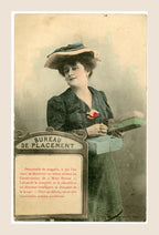 Antique French Bergeret Bureau de Placement postcard depicting an elegant Belle Époque shop assistant holding boxes, with humorous employment text.