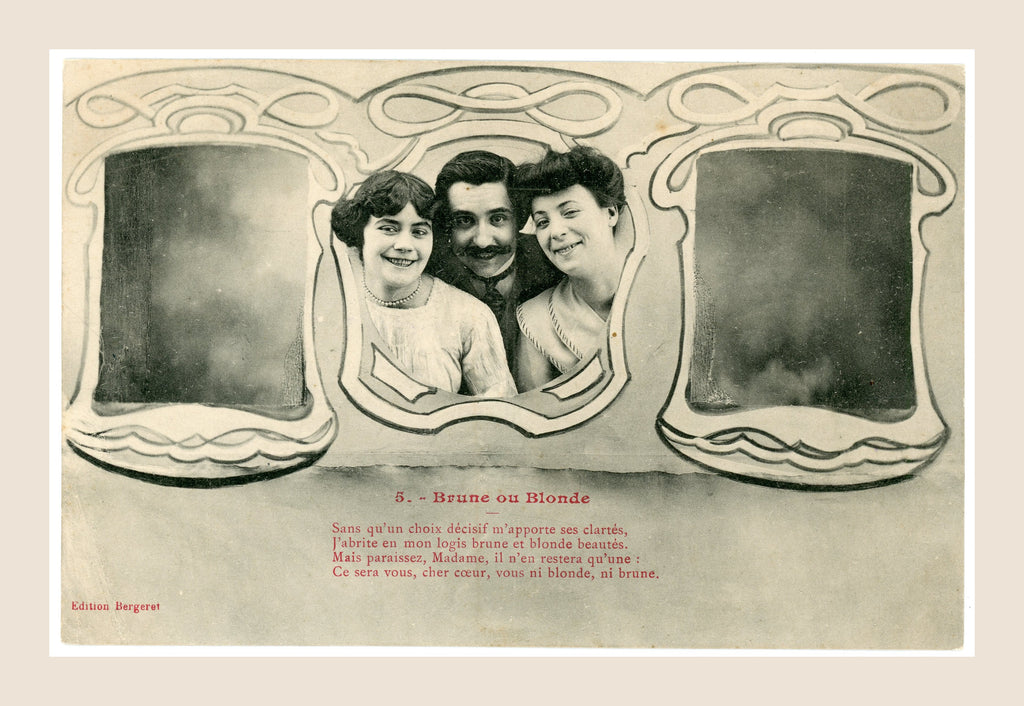 Édition Bergeret Brune ou Blonde postcard number 5, depicting the smiling gentleman between the brunette and blonde in the final romantic scene.