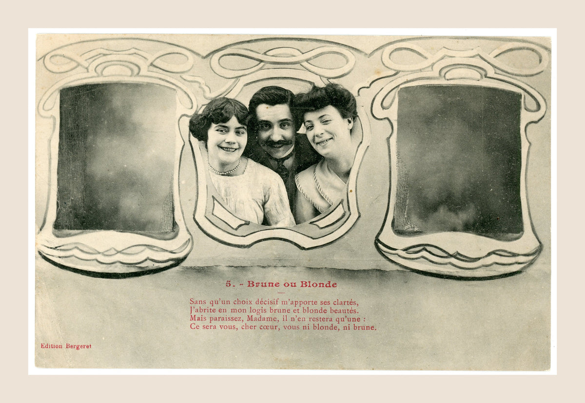 Édition Bergeret Brune ou Blonde postcard number 5, depicting the smiling gentleman between the brunette and blonde in the final romantic scene.