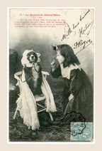 Albert Bergeret Le Bonnet de Grand'Mère postcard number 5 showing a little girl with her dog wearing a bonnet, shawl and spectacles, Belle Époque France.