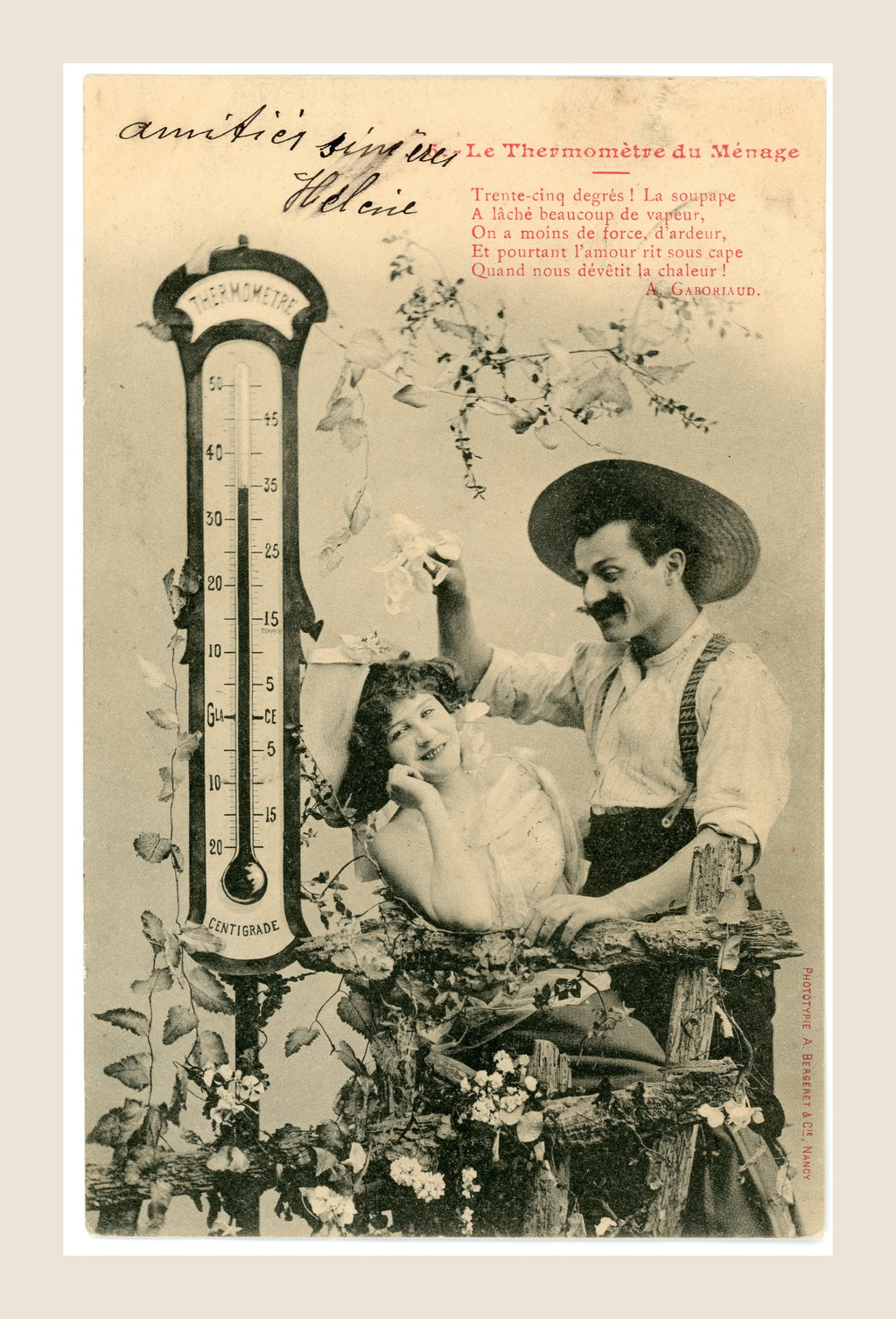 Le Thermomètre du Ménage No. 5, antique French Bergeret romantic postcard showing a smiling couple in a flower-filled garden beside a thermometer reading 35 degrees, circa 1904.