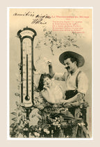 Le Thermomètre du Ménage No. 5, antique French Bergeret romantic postcard showing a smiling couple in a flower-filled garden beside a thermometer reading 35 degrees, circa 1904.