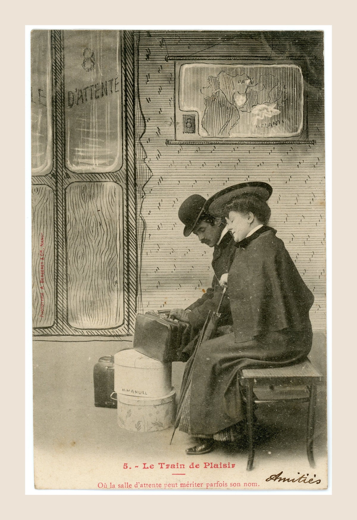 Antique Bergeret postcard Le Train de Plaisir No. 5, Edwardian couple waiting with luggage in a French railway waiting room.