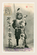Antique Bergeret Les Voyelles postcard, letter U for Uniforme, depicting a smiling girl in theatrical military costume holding a sword beside floral decorations.