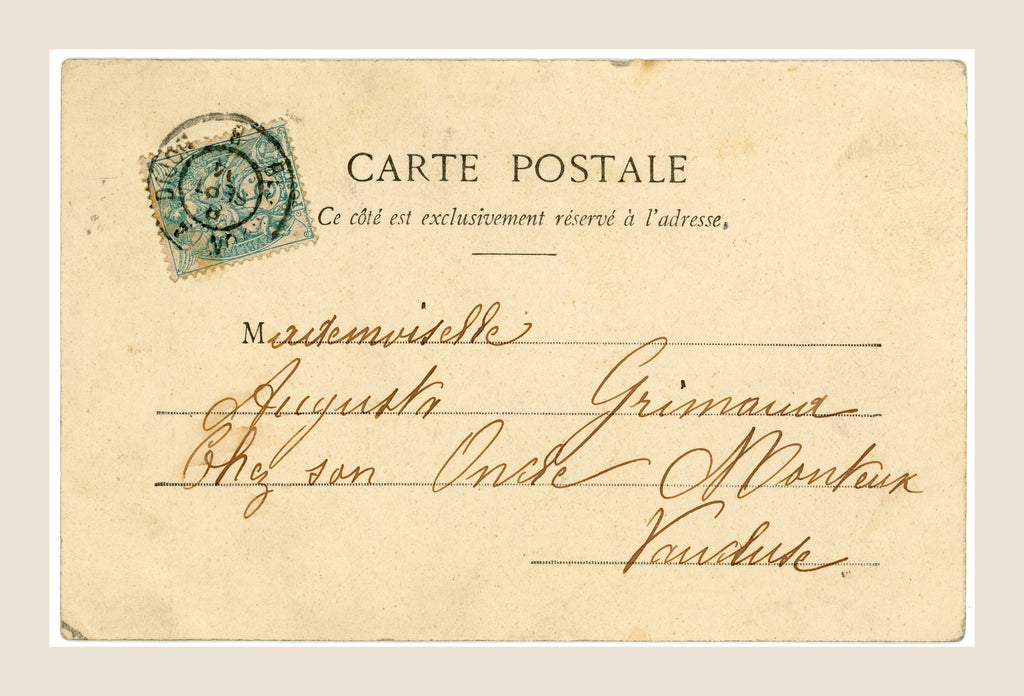 Reverse of a vintage French Bergeret postcard showing a green postage stamp, handwritten address to Vaucluse and an early 20th-century postmark.