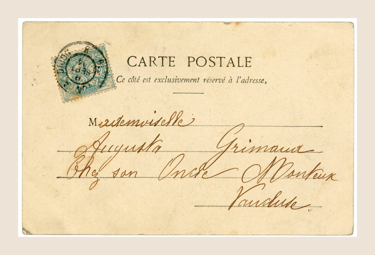 Reverse of a vintage French Bergeret postcard showing a green postage stamp, handwritten address to Vaucluse and an early 20th-century postmark.