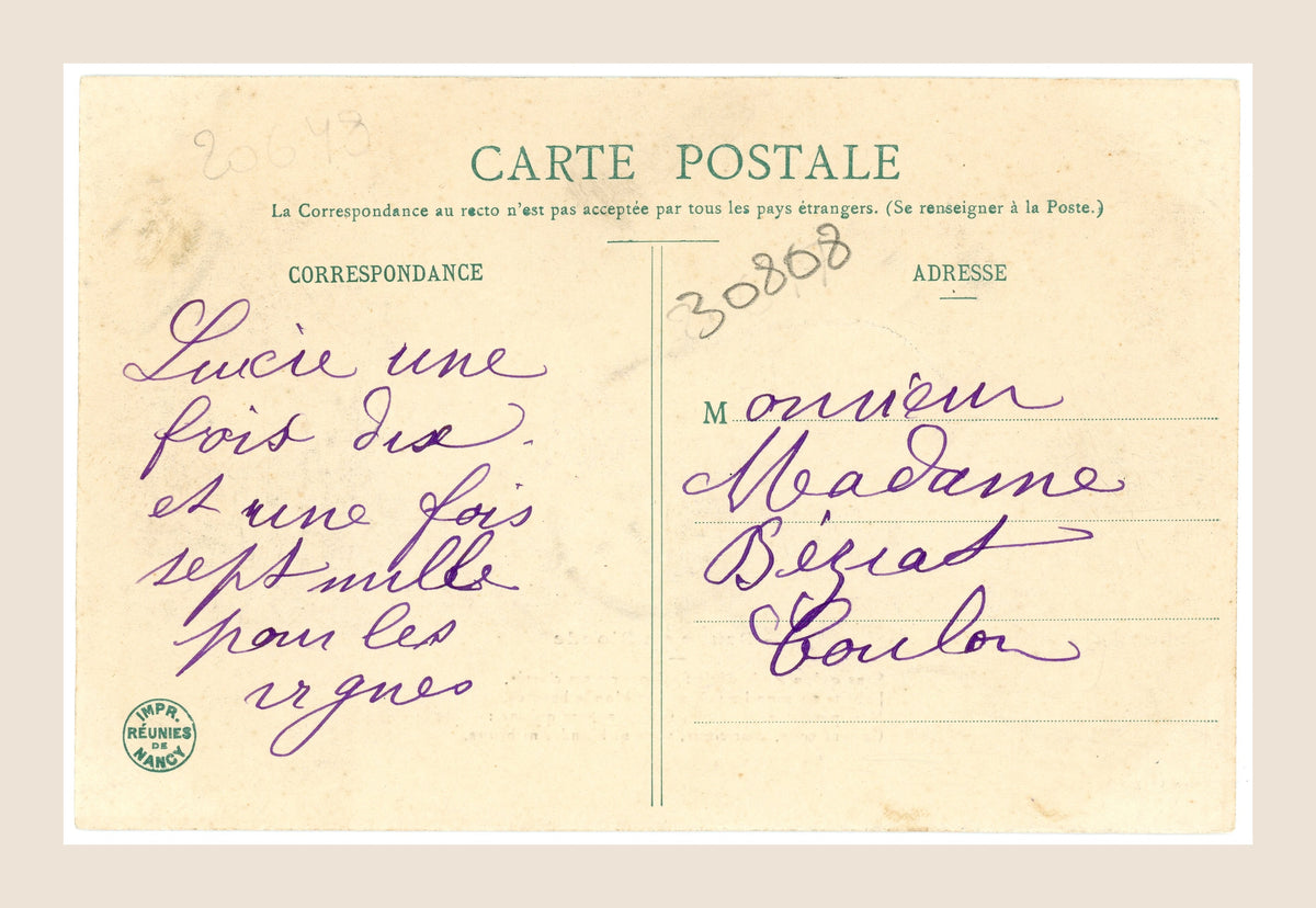 Reverse of antique French Brune ou Blonde postcard number 5, featuring purple handwritten correspondence and address to Madame Béziat.