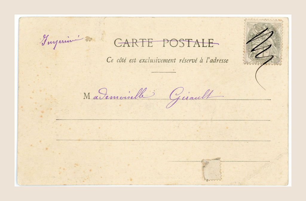 Reverse of Albert Bergeret Taste postcard showing violet handwritten address, old French postage stamp, pencil markings and scattered foxing.