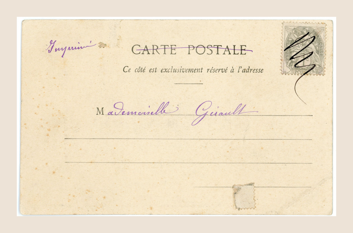 Reverse of Albert Bergeret Taste postcard showing violet handwritten address, old French postage stamp, pencil markings and scattered foxing.