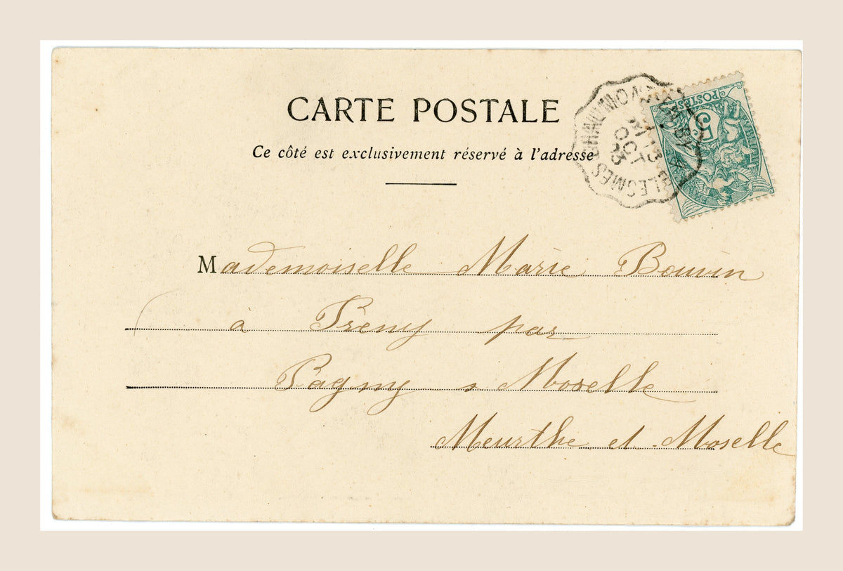 Reverse of antique Bergeret La plus belle mort postcard with green French postage stamp, handwritten address to Marie Bonnin and early 1900s postal marks.