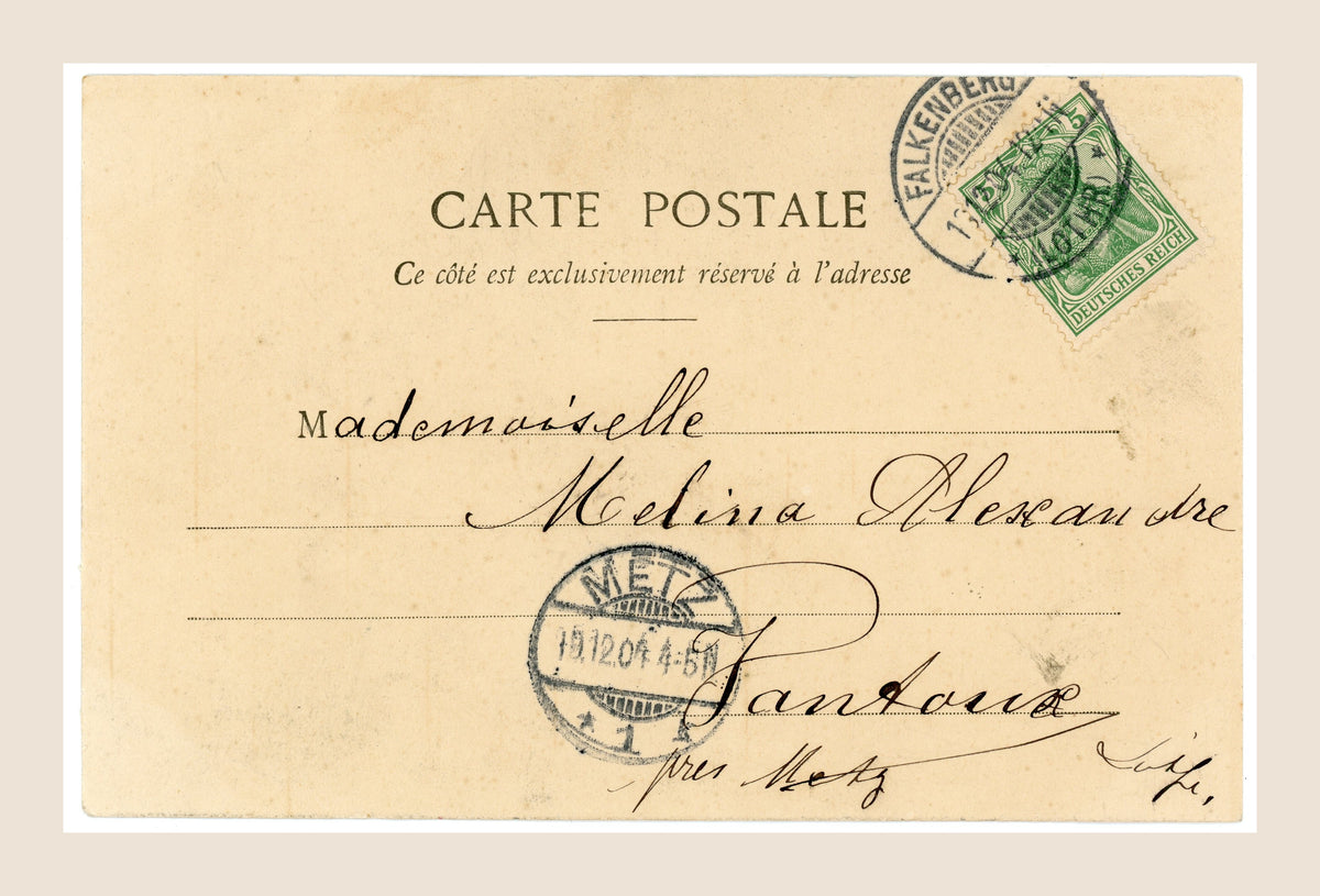 Reverse of antique Bergeret postcard No. 5 from Le Thermomètre du Ménage series, with German 5 pfennig postage stamp, Falkenberg cancellation and handwritten address to Metz.
