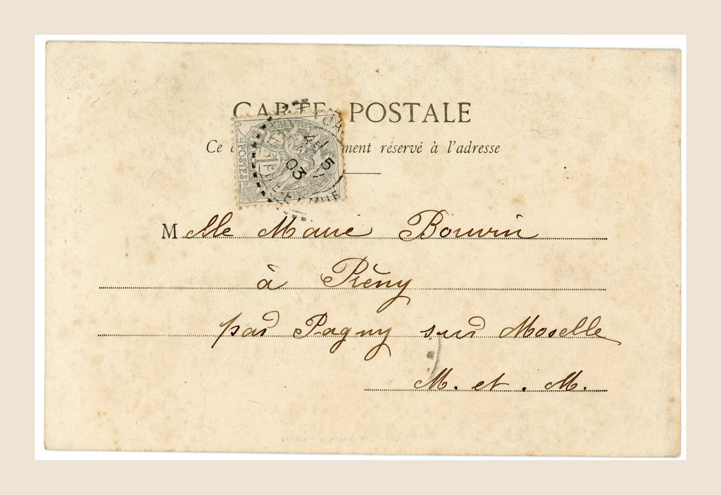 Reverse of antique French railway postcard No. 5 addressed to Marie Bourri, showing original postage stamp and postal markings.