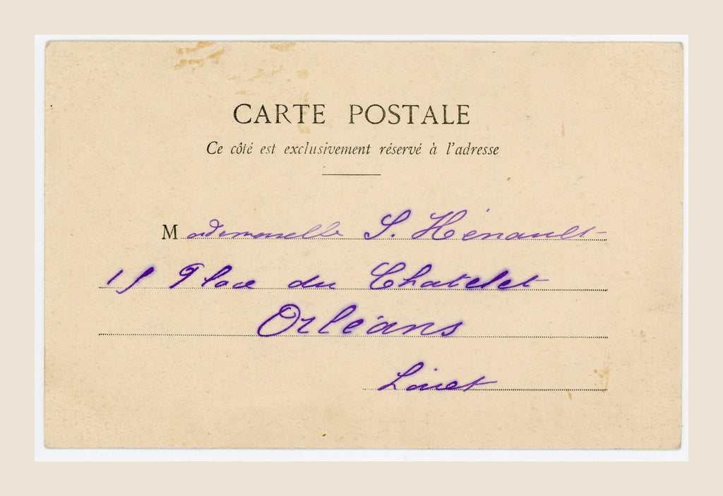 Reverse of antique French Bergeret letter U postcard with purple ink handwriting and original early 20th-century postal layout.