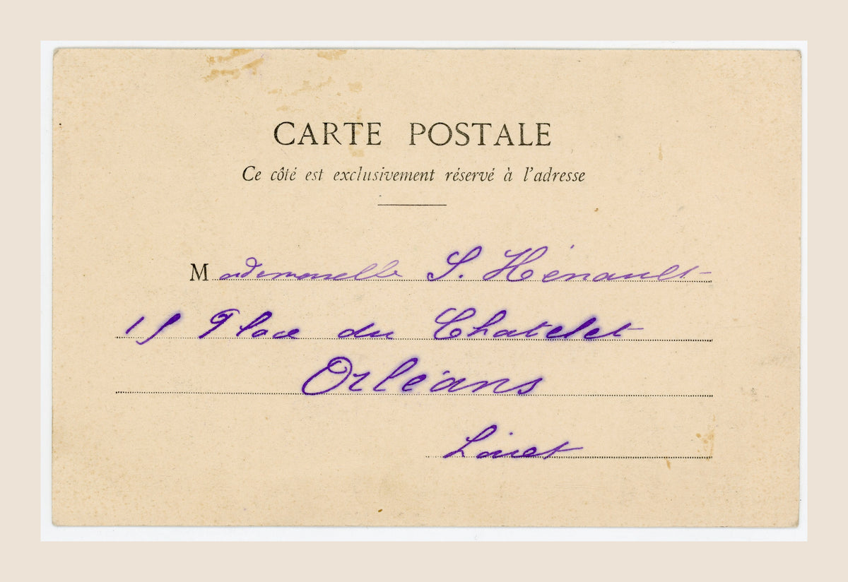 Reverse of antique French Bergeret letter U postcard with purple ink handwriting and original early 20th-century postal layout.