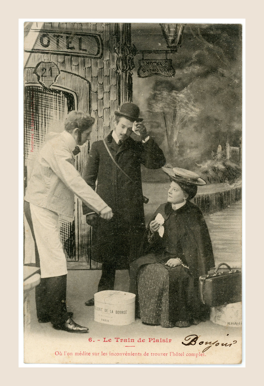 Antique French Bergeret postcard Le Train de Plaisir No. 6, humorous scene of Belle Époque travellers finding a hotel fully booked.
