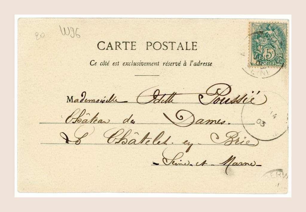 Reverse of a 1903 French Bergeret postcard with handwritten address to Odette Poussié, Château de Dame, green 5 centimes stamp and postal cancellations.