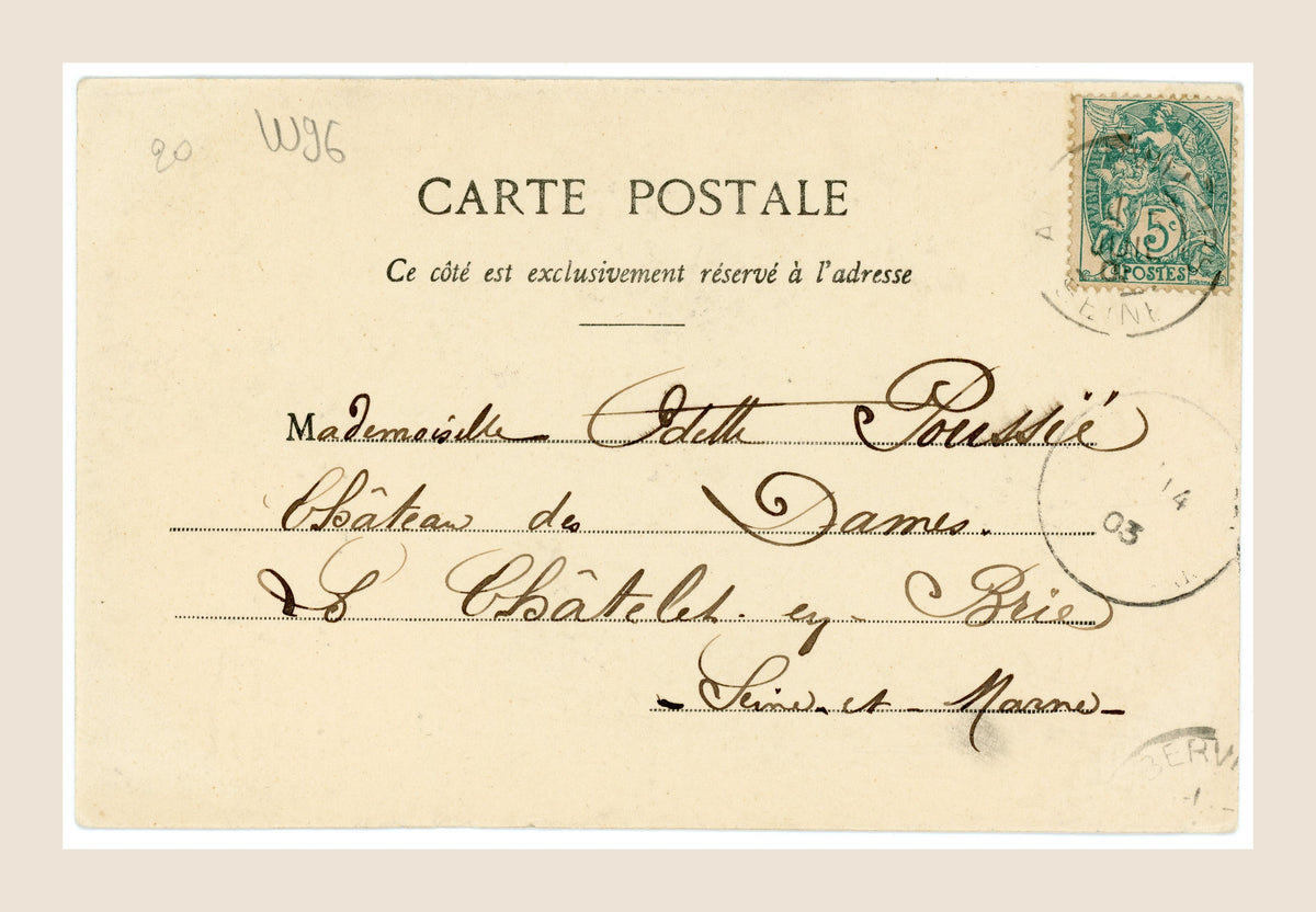 Reverse of a 1903 French Bergeret postcard with handwritten address to Odette Poussié, Château de Dame, green 5 centimes stamp and postal cancellations.