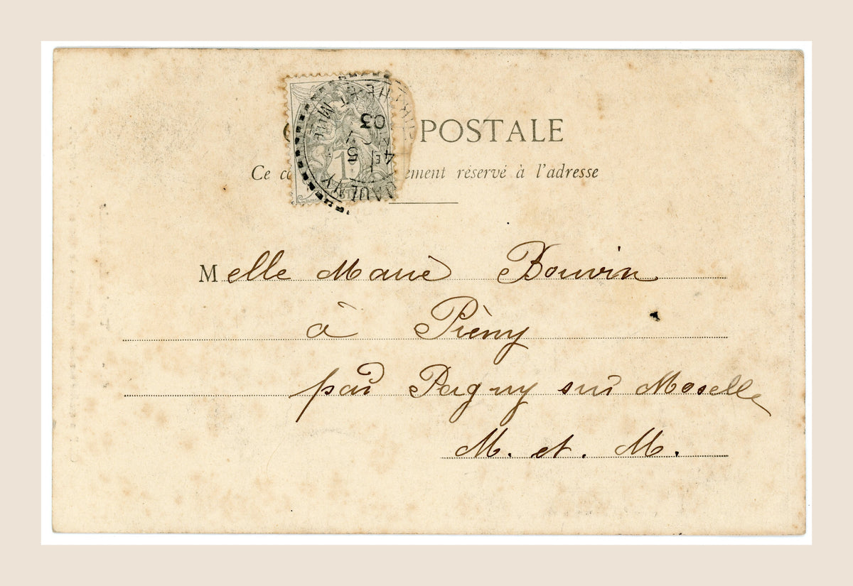 Reverse of antique Bergeret postcard No. 6 with handwritten address, French postage stamp and historic postal cancellation.