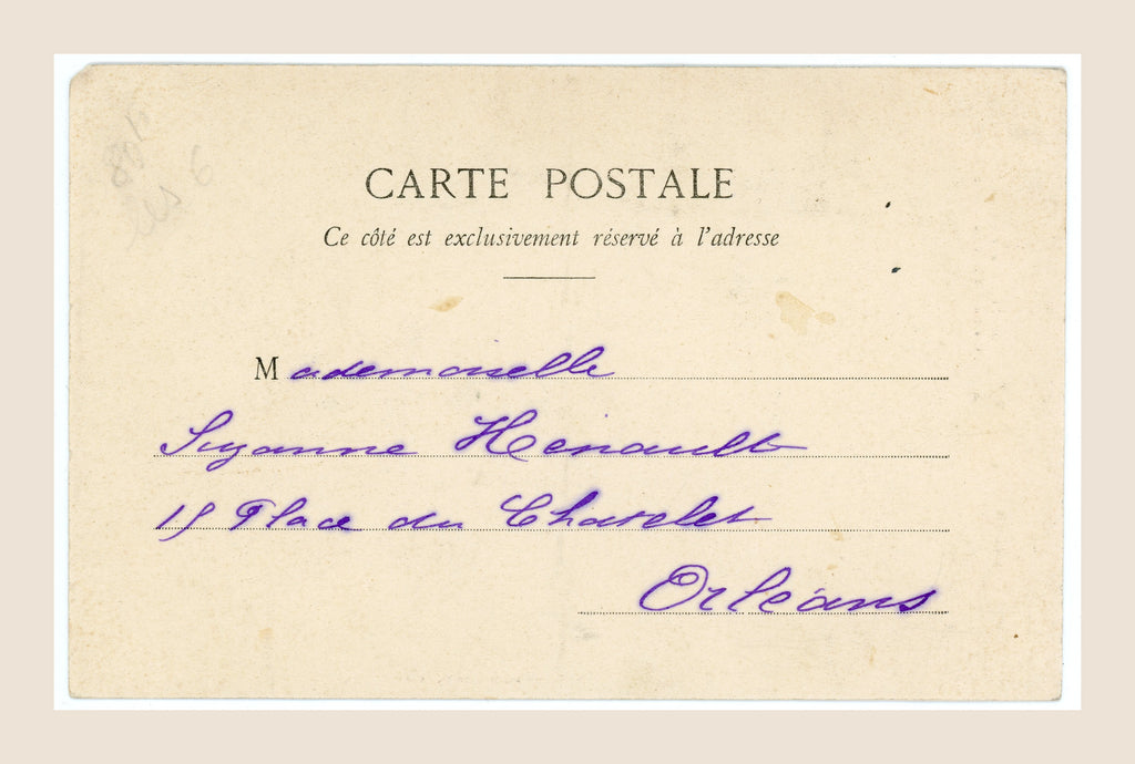 Back of antique Bergeret letter Y postcard, showing handwritten purple ink address, aged paper and original postcard printing.