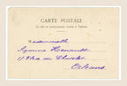 Back of antique Bergeret letter Y postcard, showing handwritten purple ink address, aged paper and original postcard printing.