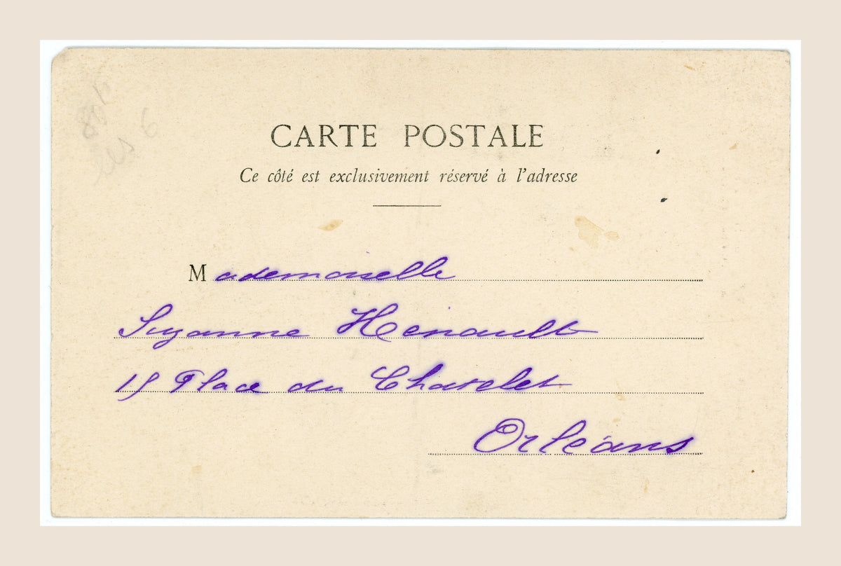 Back of antique Bergeret letter Y postcard, showing handwritten purple ink address, aged paper and original postcard printing.