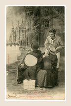 Antique French Bergeret postcard Le Train de Plaisir No. 7, Edwardian travellers with luggage and hotel porter before departure.