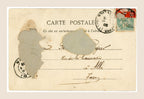 Reverse of an antique French Bergeret postcard with handwritten address, red and green postage stamps, 1903 Montauban postmark and visible paper loss.