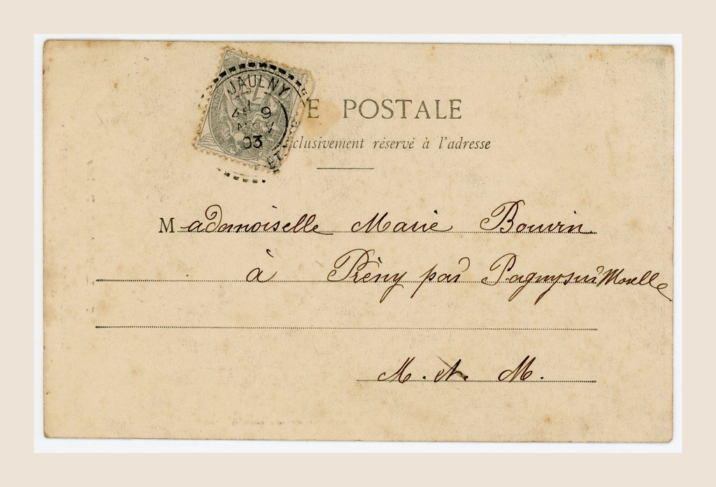 Reverse of antique French travel postcard No. 7 with original postage stamp, handwritten address and 1903 cancellation.