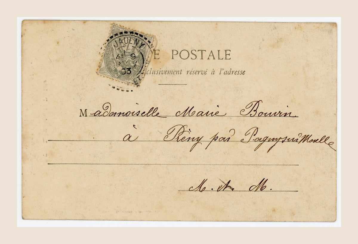 Reverse of antique French travel postcard No. 7 with original postage stamp, handwritten address and 1903 cancellation.