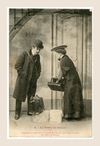 Antique Bergeret postcard Le Train de Plaisir No. 8, humorous Belle Époque couple locked outside their hotel room with luggage.