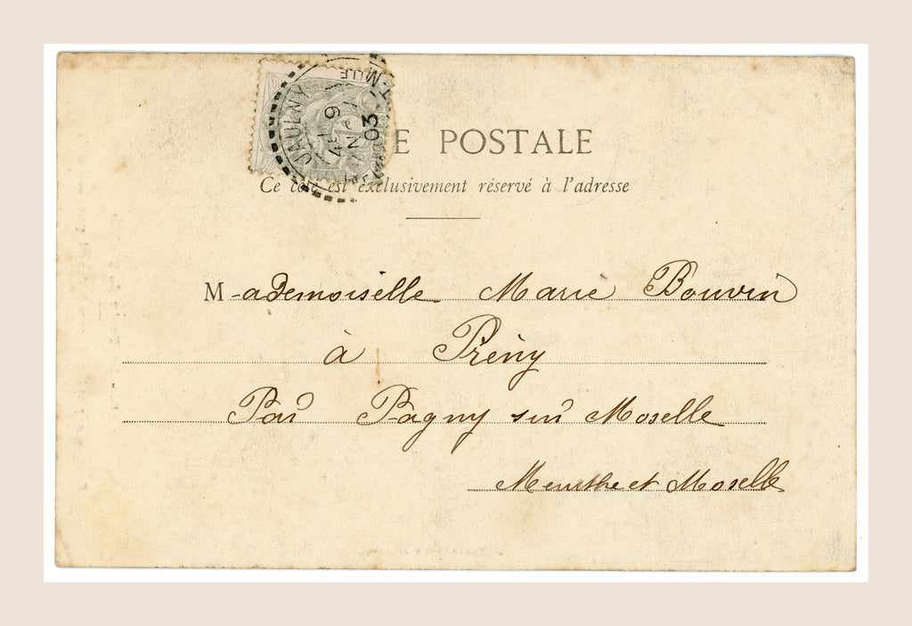 Reverse of antique French Bergeret postcard No. 8 featuring handwritten address, old postage stamp and postmark.