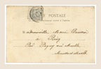Reverse of antique French Bergeret postcard No. 8 featuring handwritten address, old postage stamp and postmark.