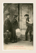Antique French Bergeret postcard Le Train de Plaisir No. 9, Edwardian travellers asking a hotel attendant for help opening a door.