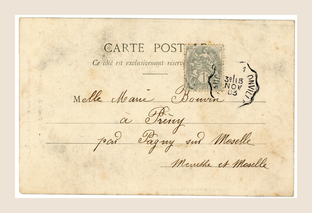 Reverse of antique French railway travel postcard No. 9 showing original postage stamp and handwritten recipient address.