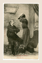 Antique Bergeret postcard Le Train de Plaisir No. 10, humorous Belle Époque couple finally returning home after their railway journey.