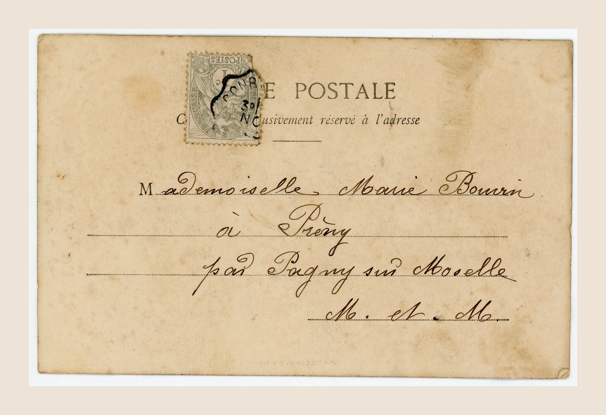 Reverse of antique Bergeret postcard No. 10 with original French postage stamp, 1903 cancellation and handwritten address.